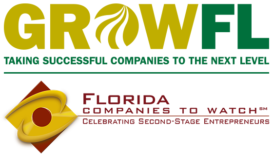 GrowFL Taking Successful Companies to the Next Level Florida Companies to Watch Celebrating Second-Stage Entrepreneurs logo. Additional details in description.