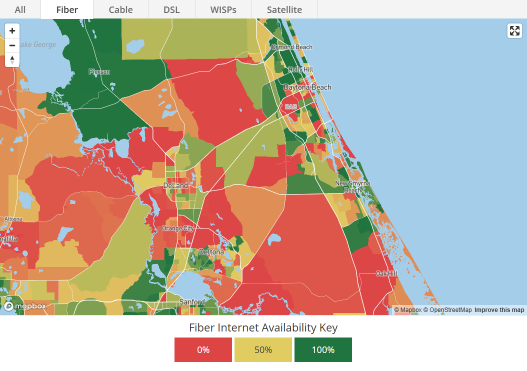 The map indicates where fiber internet is available in Volusia County. Fiber is available in 70.69% of Volusia County. Areas in green have fiber internet service, where areas in yellow or red may not.