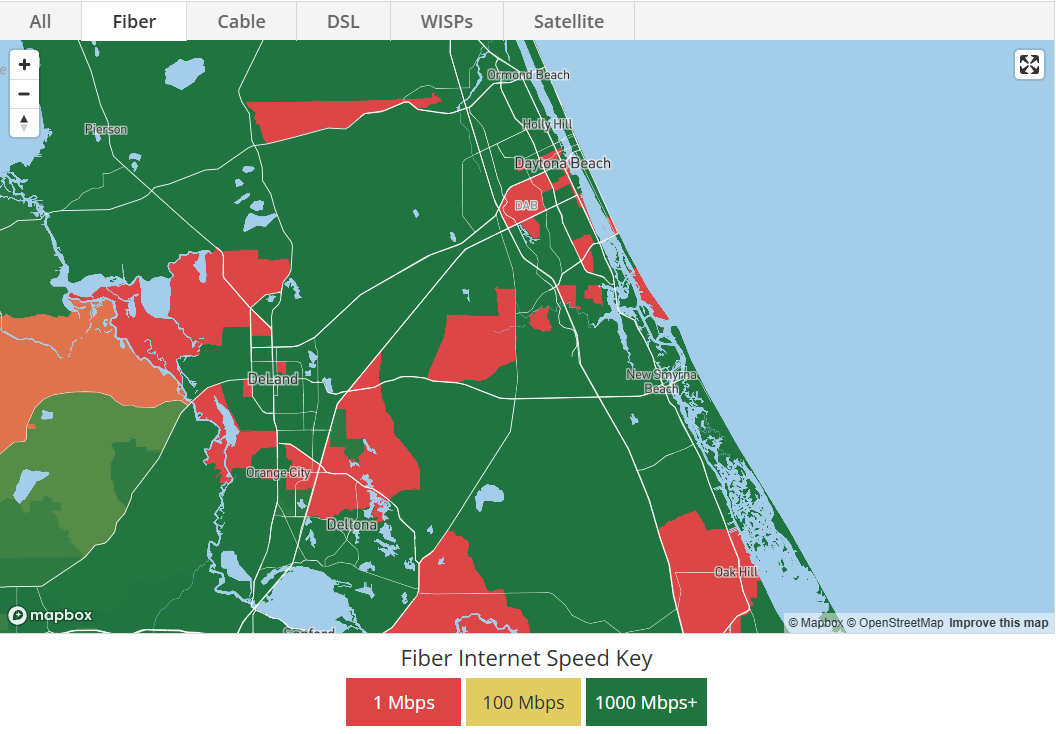 The map shows the maximum fiber internet speeds by area in Volusia County.
