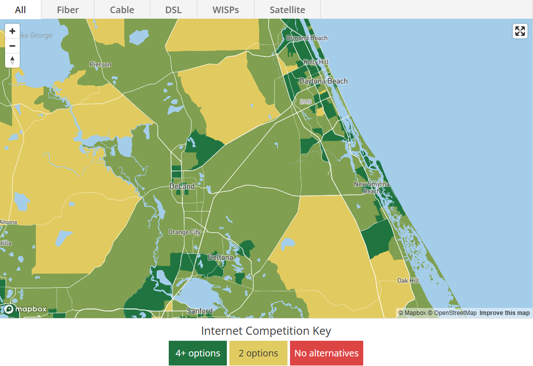 The map shows the internet market health for all areas of Volusia County and depicts if multiple internet services options are available or no alternatives depending on the area of the county. For all of Volusia County, there are at least 2 internet service options available.