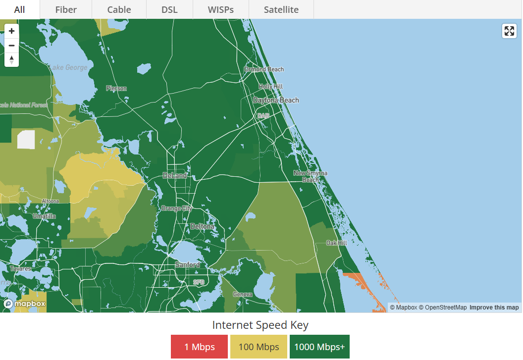 The map shows the maximum internet speeds for all service providers in all areas of Volusia County.