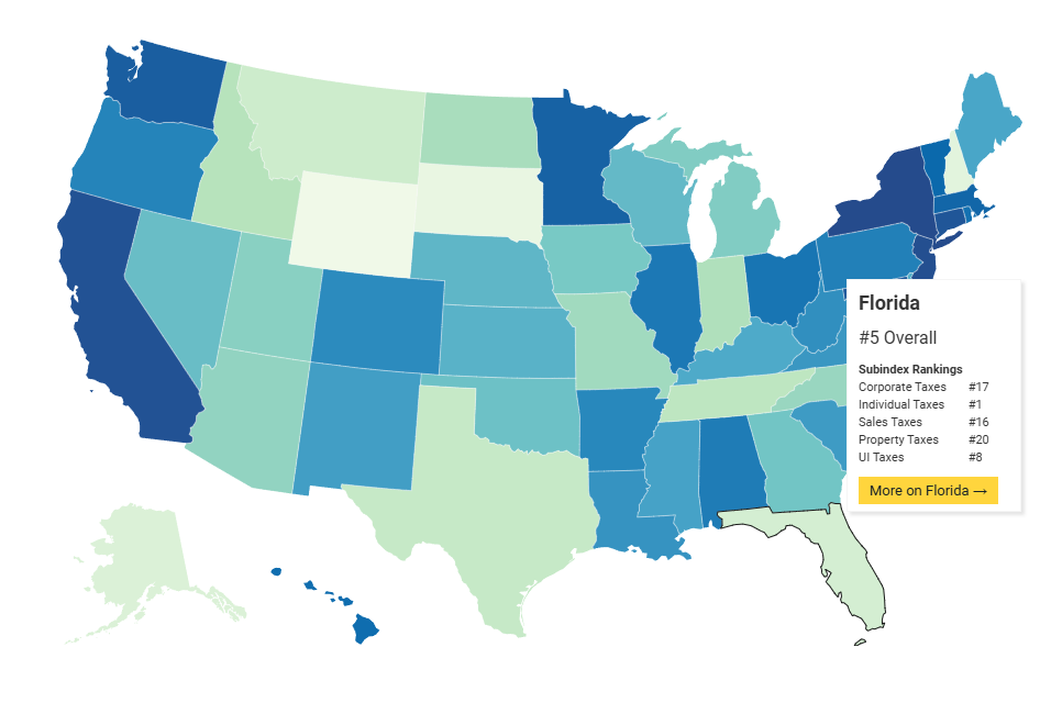 Map of the U.S. states with rank for business tax competitiveness index. The ranks by the state’s abbreviation for the rank order of states if spelled out are AL - 37, AK - 4, AZ - 14, AR - 34, CA - 48, CO - 33, CT - 47, DE - 24, DC – 48, FL - 5, GA - 18, HI - 41, ID - 9, IL - 38, IN - 10, IA - 17, KS - 23, KY - 25, LA - 31, ME - 26, MD - 46, MA - 43, MI - 16, MN - 44, MS - 27, MO - 12, MT - 6, NE - 22, NV - 20, NH - 3, NJ - 49, NM - 28, NY - 50, NC - 13, ND - 11, OH - 39, OK - 19, OR - 35, PA - 36, RI - 40, SC - 29, SD - 2, TN - 8, TX - 7, UT - 15, VT - 42, VA - 30, WA - 45, WV - 32, WI - 21, WY – 1.  Note: A rank of 1 is best, 50 is worst. Rankings do not average to the total. States without a tax rank equally as 1. DC's score and rank do not affect other states. The report shows tax systems as of July 1, 2025 (the beginning of fiscal year 2026). Source: Tax Foundation.