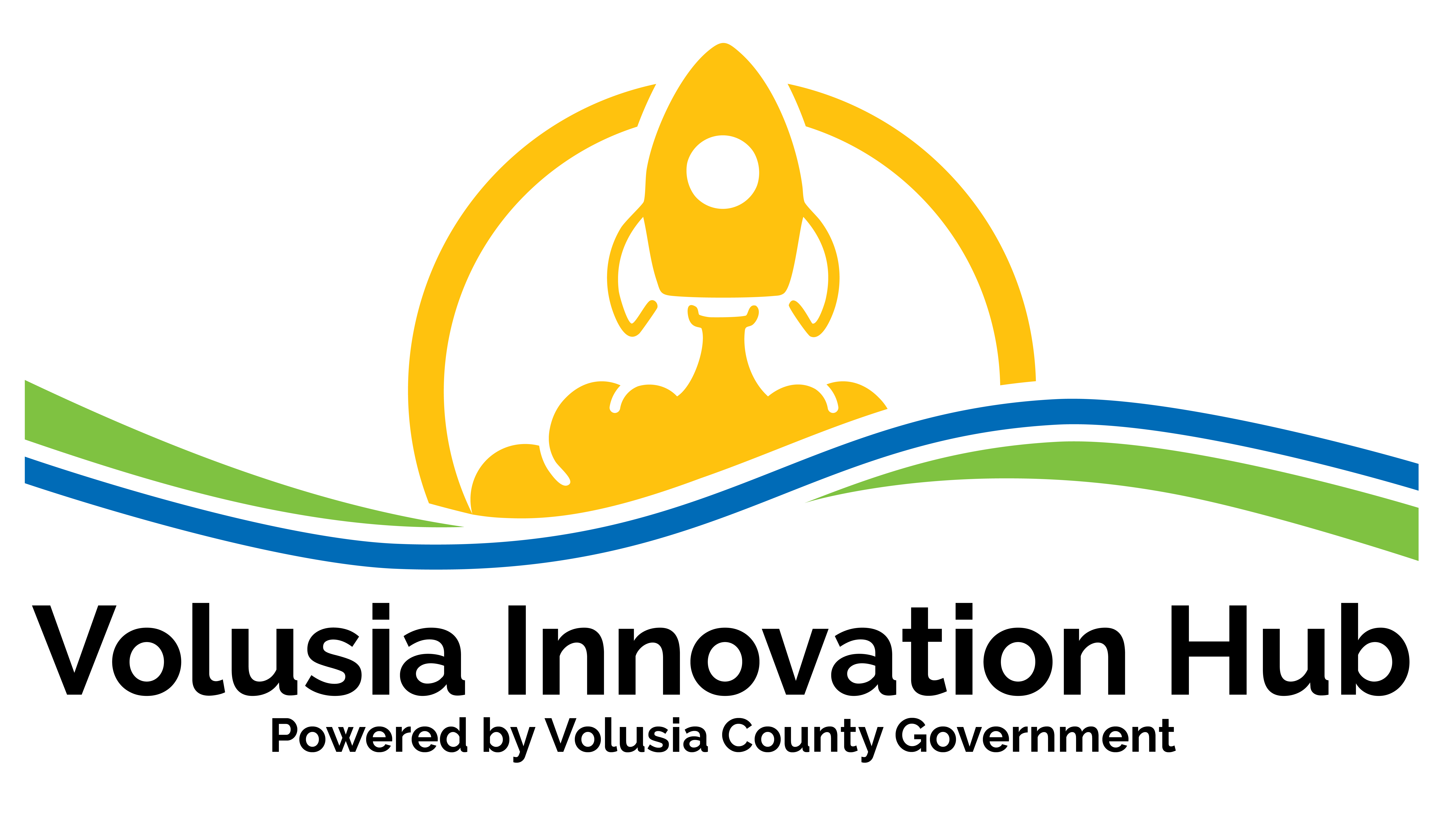 Volusia Innovation Hub Powered by Volusia County Government logo with a rocket launching up with a sun outline around it. Blue and green waves below the rocket 